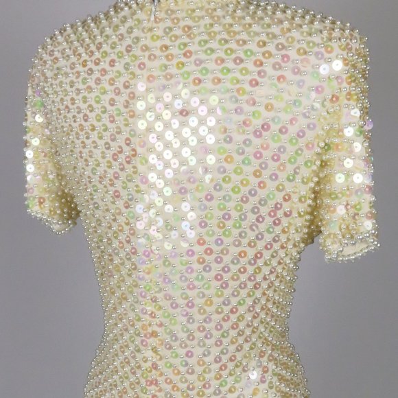 Vintage 80s Pearl Heavily Beaded Cocktail Party Prom Trophy Sheath Dress  S M - Picture 11 of 16